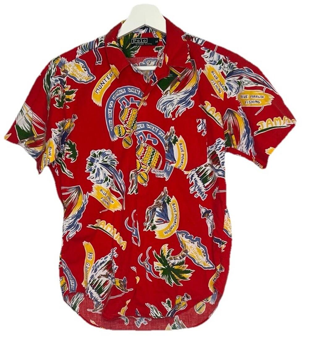 Polo Ralph Lauren Boys Hawaii Vintage Print Short Sleeve Shirt USA Red Music 14